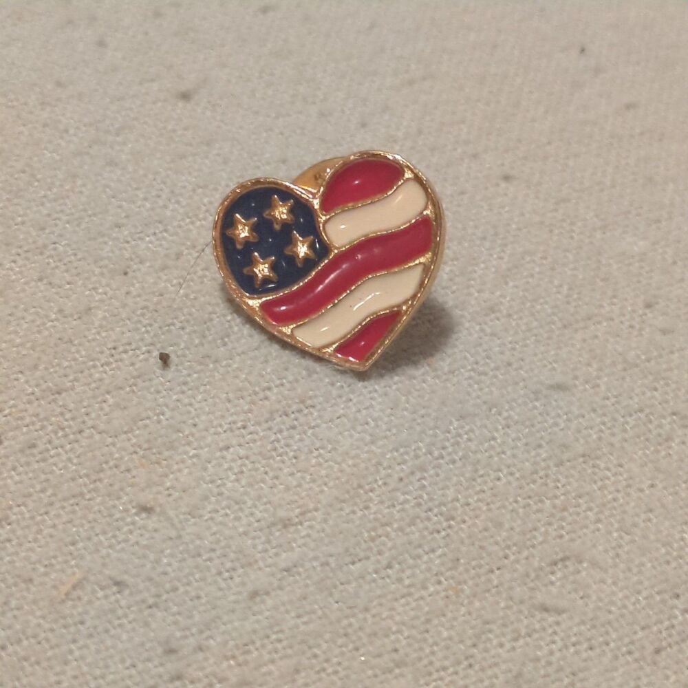 Vintage Avon USA American Flag Heart Lapel Pin Gold Tone Red White Blue Enamel